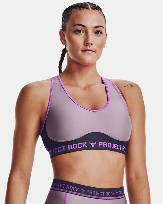 Women's Project Rock Crossback Disrupt Sports Bra, Purple, pdpMainDesktop image number 2